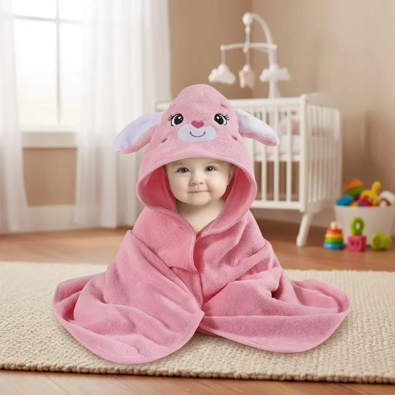 TOALLA PARA BEBE  CON CAPUCHA CONEJO ROSADO - BABYMINE - 5