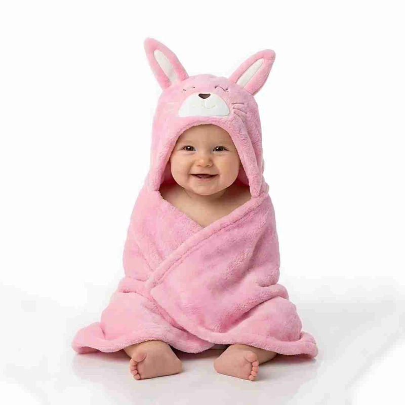 TOALLA PARA BEBE  CON CAPUCHA ANIMALES CONEJO ROSADO - BABYMINE - 1