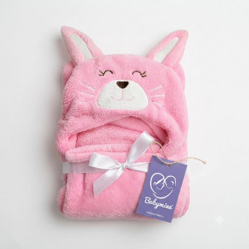 TOALLA PARA BEBE  CON CAPUCHA ANIMALES CONEJO ROSADO - BABYMINE - 2