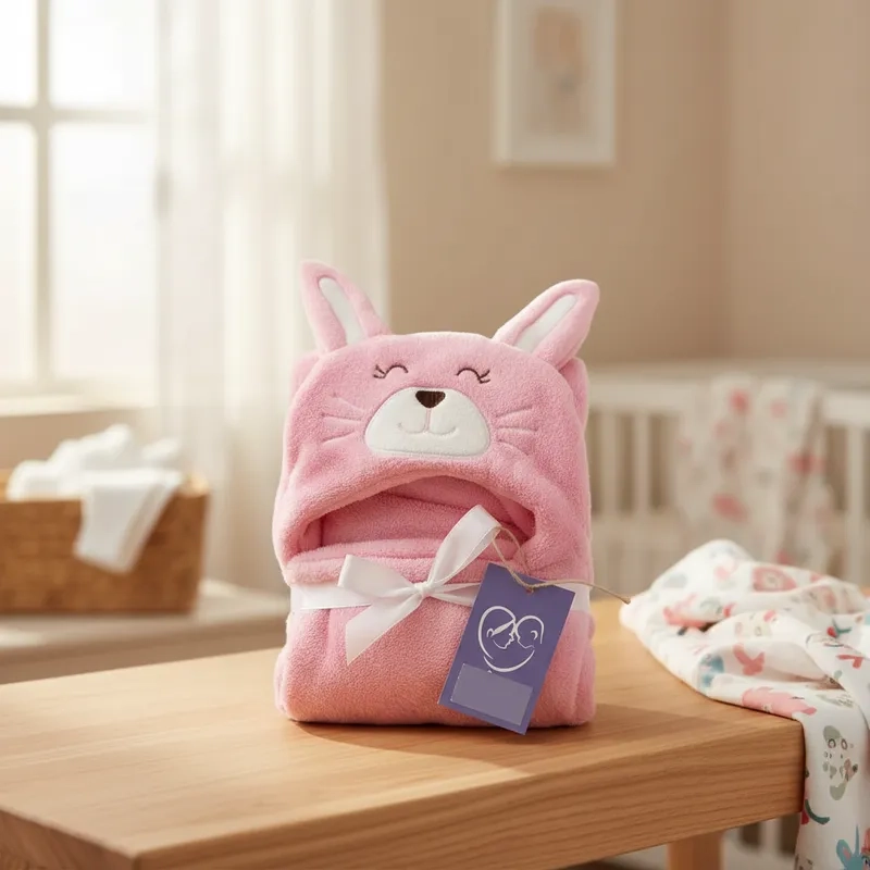 TOALLA PARA BEBE  CON CAPUCHA ANIMALES CONEJO ROSADO - BABYMINE - 4
