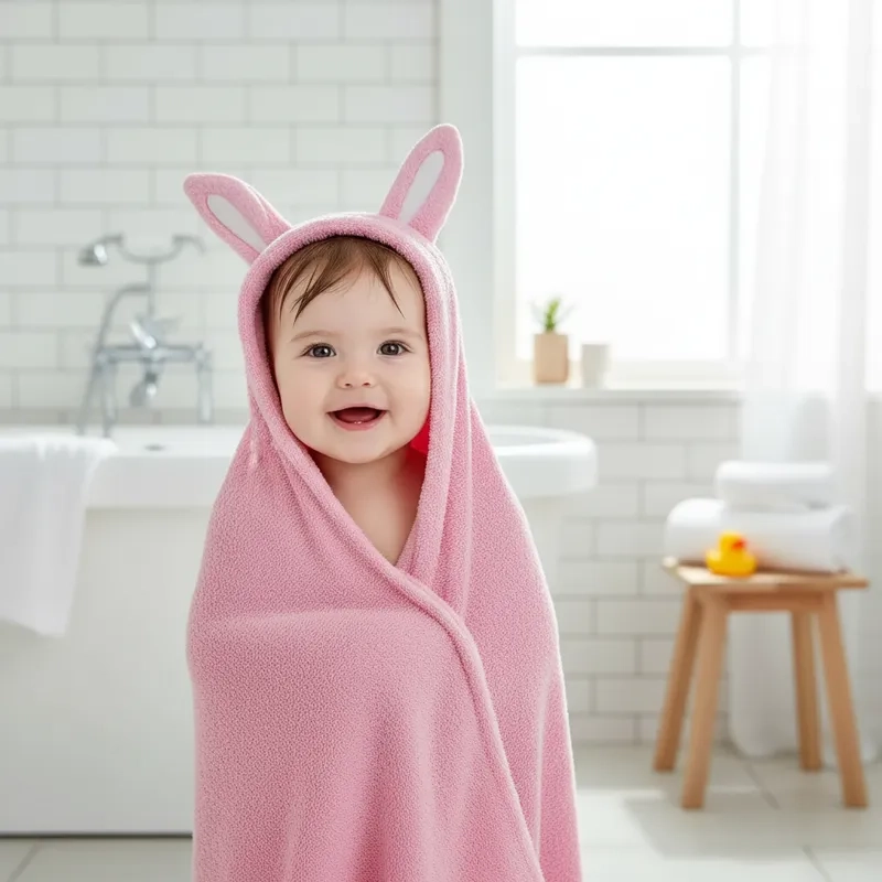 TOALLA PARA BEBE  CON CAPUCHA ANIMALES CONEJO ROSADO - BABYMINE - 5