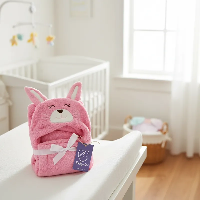 TOALLA PARA BEBE  CON CAPUCHA ANIMALES CONEJO ROSADO - BABYMINE - 6