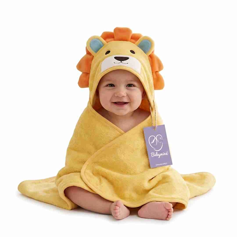 TOALLA PARA BEBE  CON CAPUCHA ANIMALES LEON AMARILLO - BABYMINE - 1