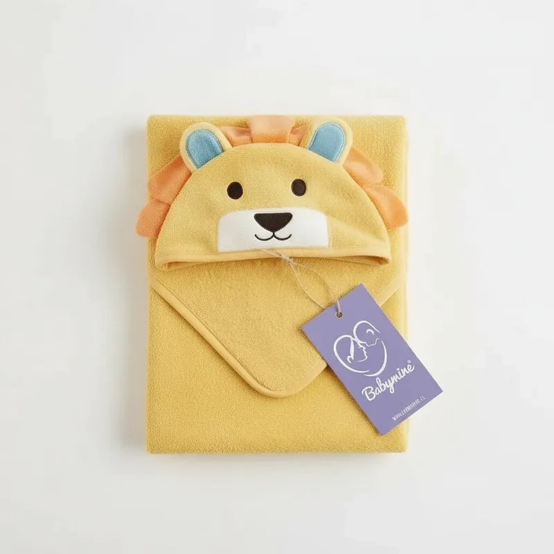 TOALLA PARA BEBE  CON CAPUCHA ANIMALES LEON AMARILLO - BABYMINE - 2