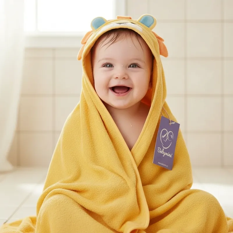 TOALLA PARA BEBE  CON CAPUCHA ANIMALES LEON AMARILLO - BABYMINE - 3