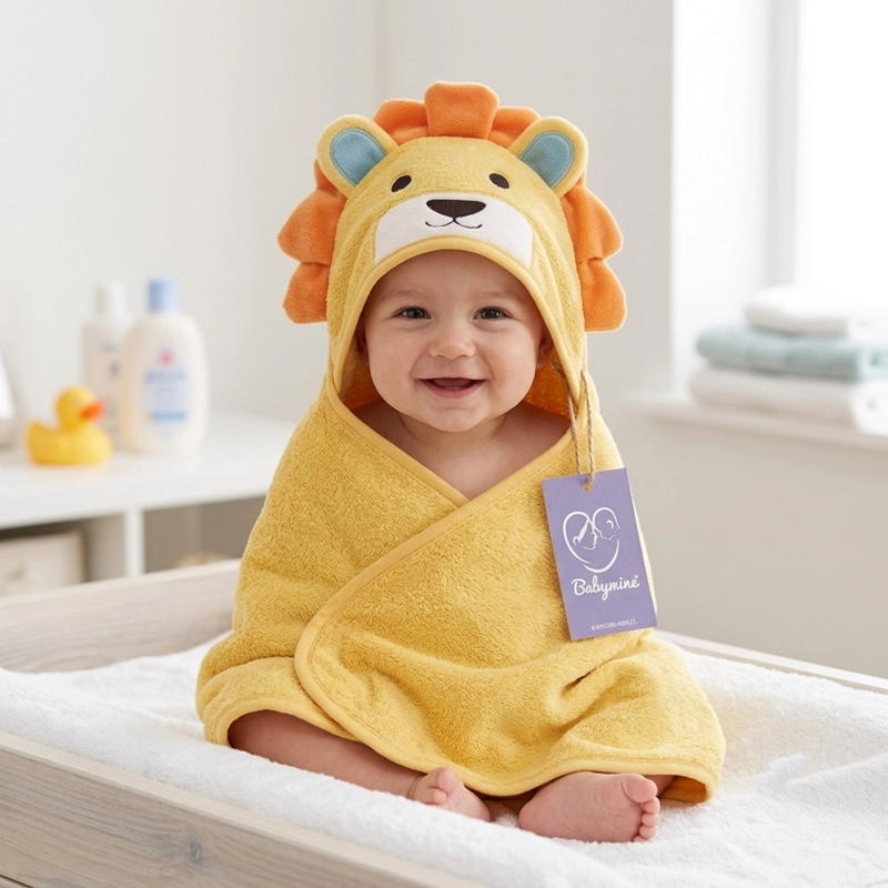 TOALLA PARA BEBE  CON CAPUCHA ANIMALES LEON AMARILLO - BABYMINE - 5