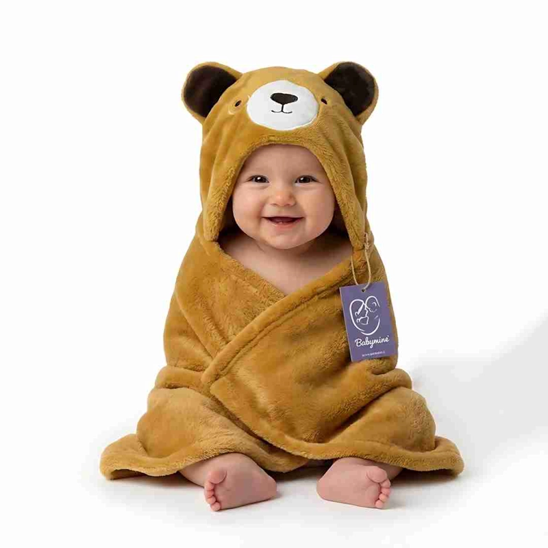 TOALLA PARA BEBE  CON CAPUCHA ANIMALES OSO PARDO - BABYMINE - 1