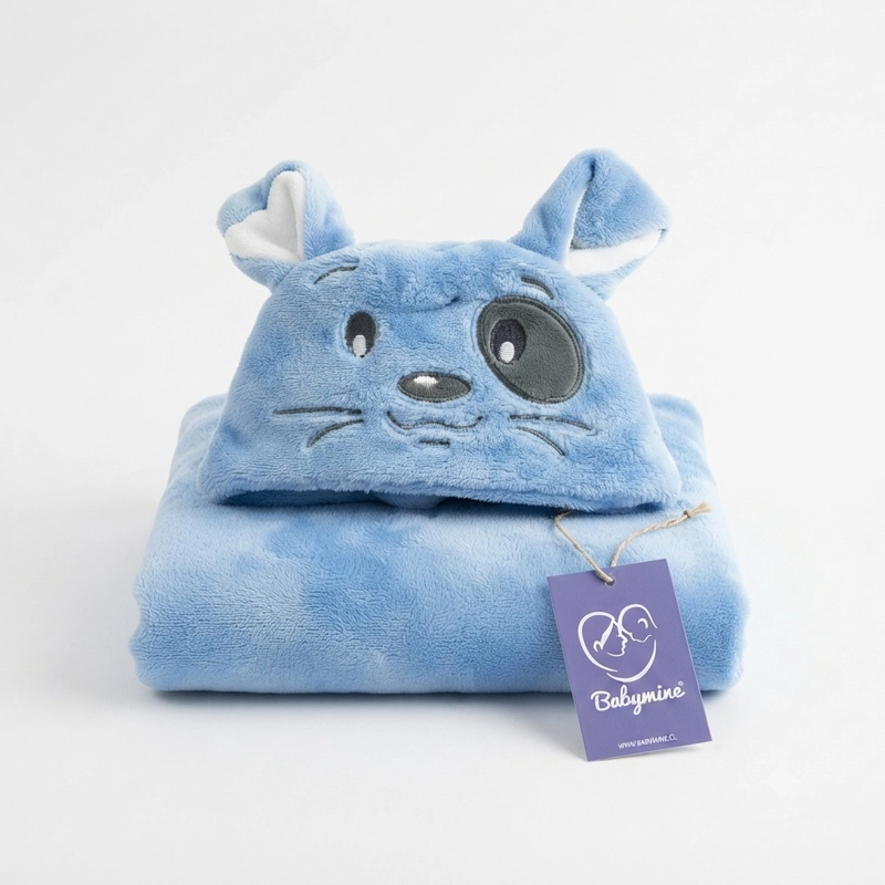 TOALLA PARA BEBE  CON CAPUCHA ANIMALES CONEJO CELESTE - BABYMINE - 2