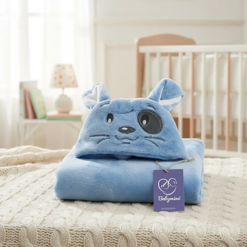 TOALLA PARA BEBE  CON CAPUCHA ANIMALES CONEJO CELESTE - BABYMINE - 5