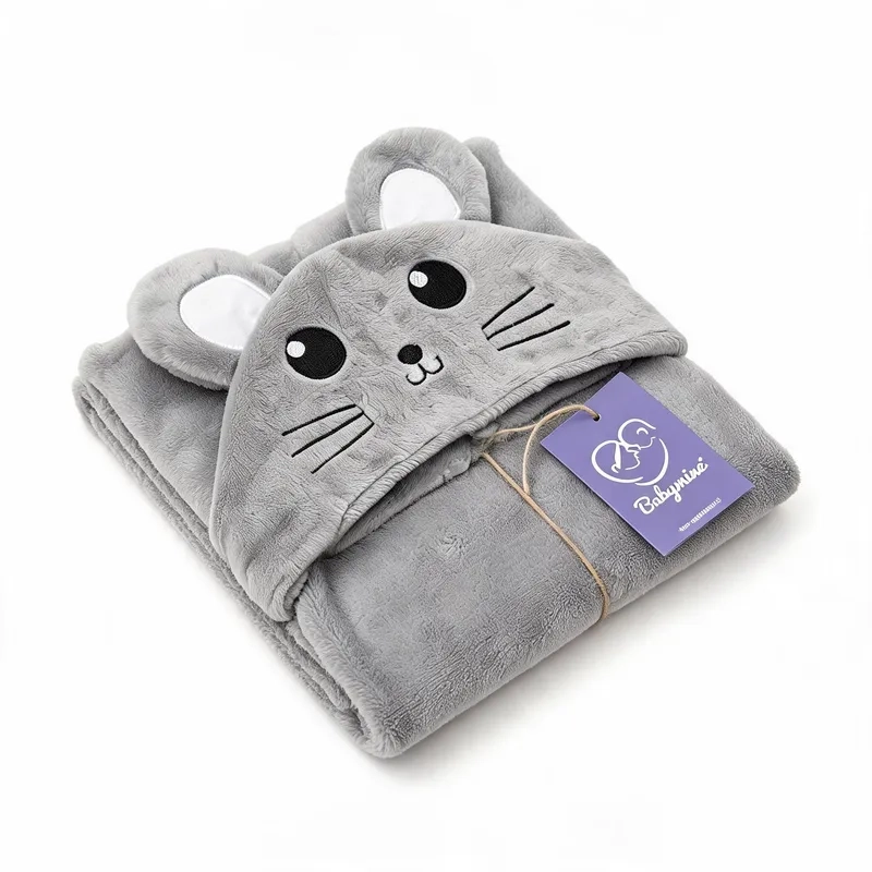 TOALLA PARA BEBE  CON CAPUCHA ANIMALES RATON GRIS - BABYMINE - 2