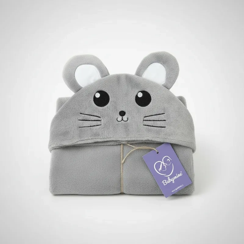 TOALLA PARA BEBE  CON CAPUCHA ANIMALES RATON GRIS - BABYMINE - 4