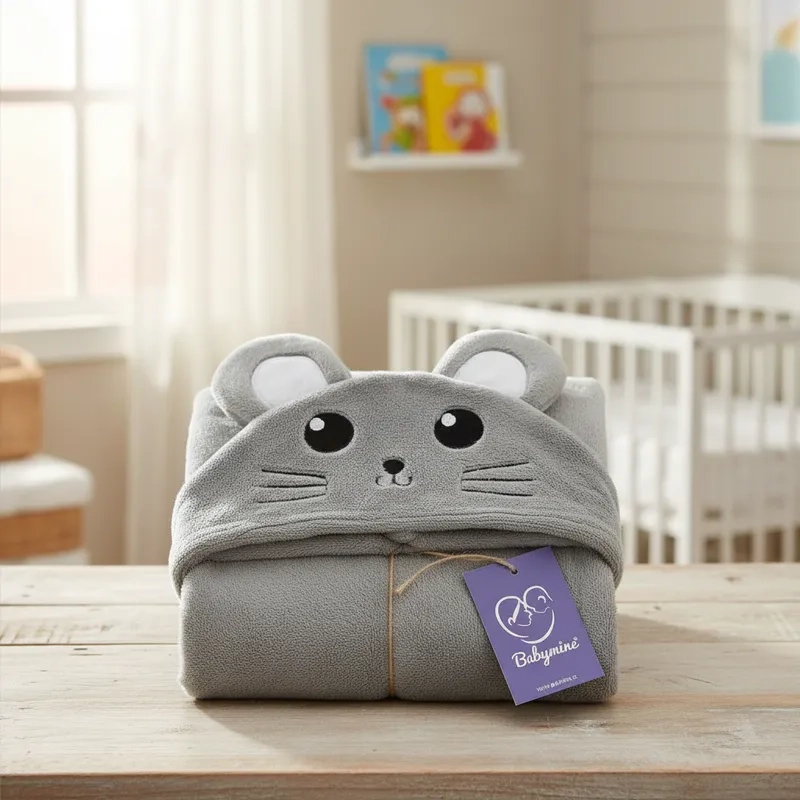 TOALLA PARA BEBE  CON CAPUCHA ANIMALES RATON GRIS - BABYMINE - 5