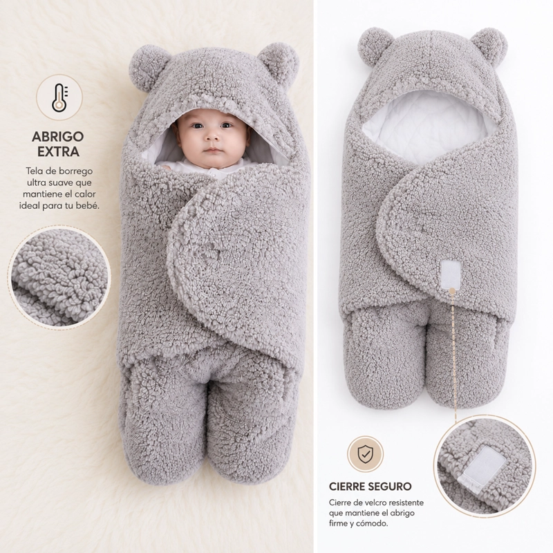 SAQUITO BEBE  OSITO CON CAPUCHITA Y OREJITAS GRIS - BABYMINE - 2