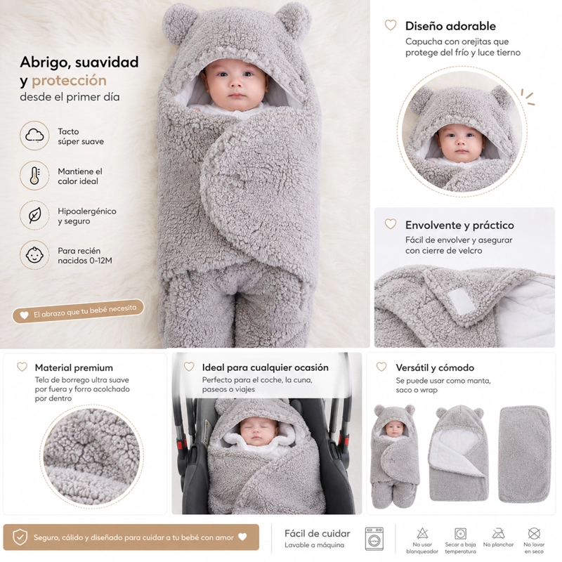 SAQUITO BEBE  OSITO CON CAPUCHITA Y OREJITAS GRIS - BABYMINE - 3