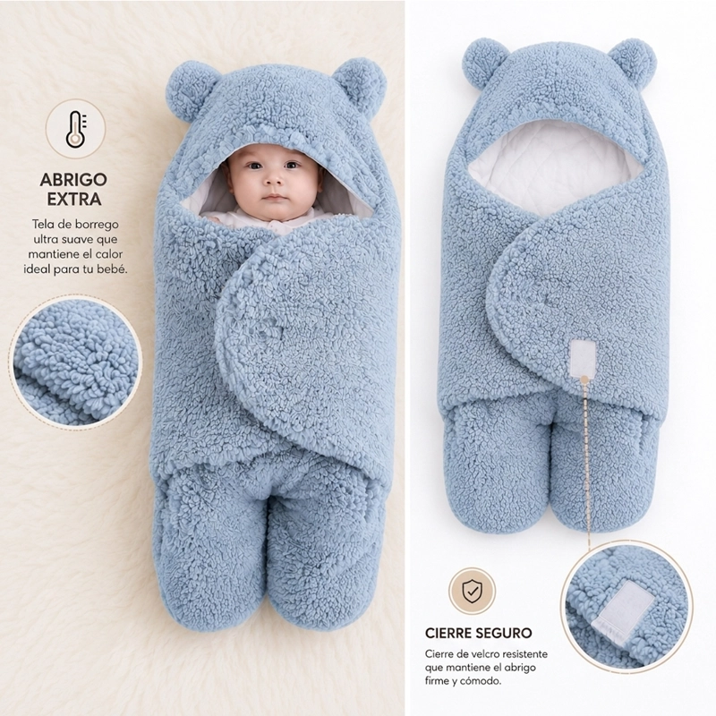 SAQUITO BEBE  OSITO CON CAPUCHITA Y OREJITAS CELESTE - BABYMINE - 2