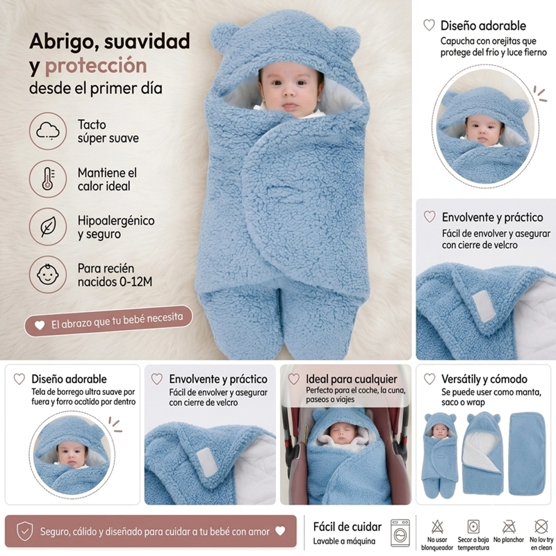 SAQUITO BEBE  OSITO CON CAPUCHITA Y OREJITAS CELESTE - BABYMINE - 3