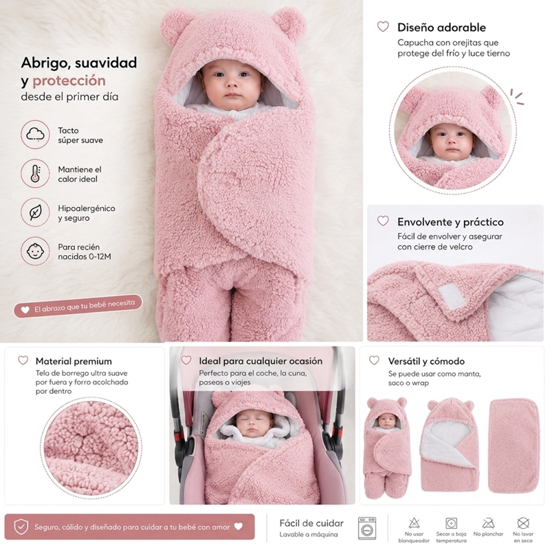 SAQUITO BEBE  OSITO CON CAPUCHITA Y OREJITAS ROSADO - BABYMINE - 3