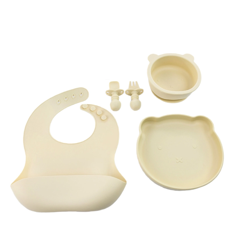 SET DE ALIMENTACION SILICONA PLATOS BEBE 5 PIEZAS BEIGE - BABYMINE - 1