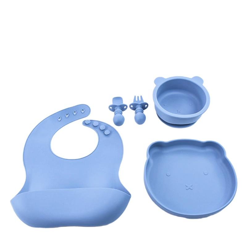 SET DE ALIMENTACION SILICONA PLATOS BEBE 5 PIEZAS CELESTE - BABYMINE - 1