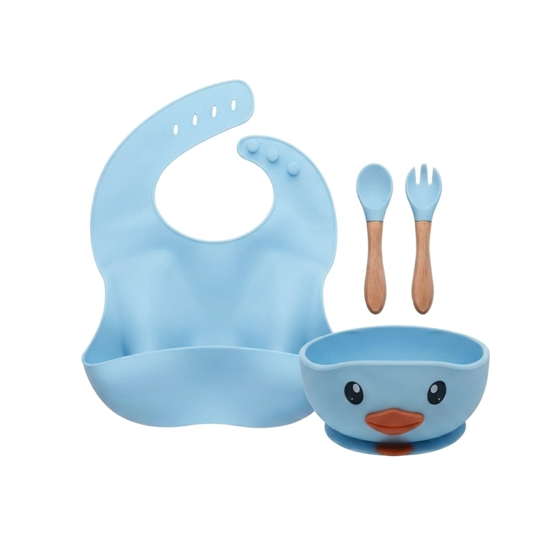 SET DE ALIMENTACION SILICONA BEBE  4 PIEZAS CELESTE - BABYMINE - 1