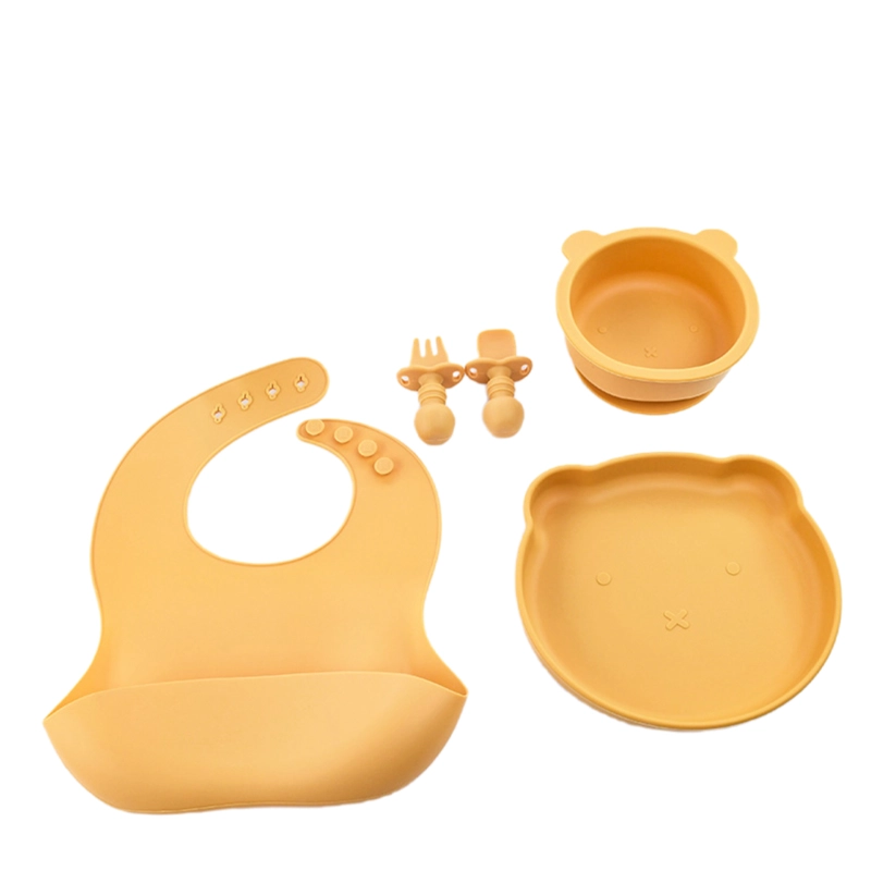 SET DE ALIMENTACION SILICONA PLATOS BEBE 5 PIEZAS AMARILLO - BABYMINE - 1