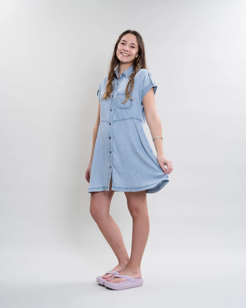 VESTIDO CAMISERO DE TENCEL CON BOTONES CELESTE POLEMIC - 1