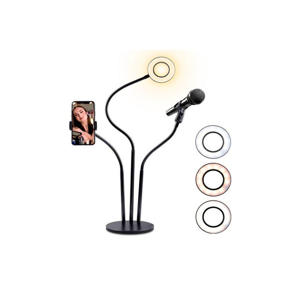 ANILLO ARO LUZ LED SOPORTE TELÉFONO 3 EN 1 SOPORTE MICRÓFONO - 1
