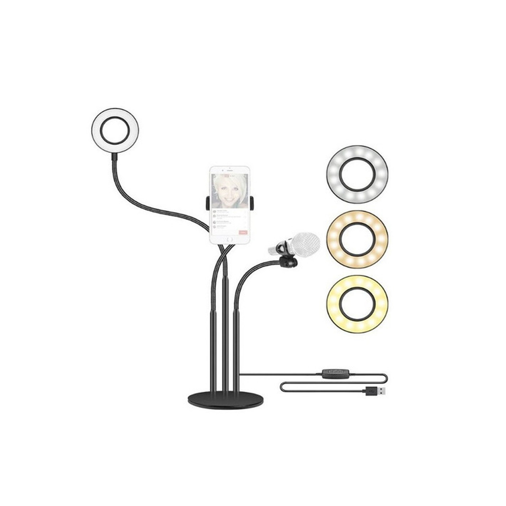 ANILLO ARO LUZ LED SOPORTE TELÉFONO 3 EN 1 SOPORTE MICRÓFONO - 5