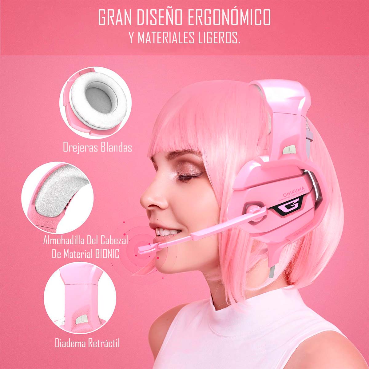AUDÍFONOS GAMER ONIKUMA HEADSET K5 PC PS4 ROSA - 4