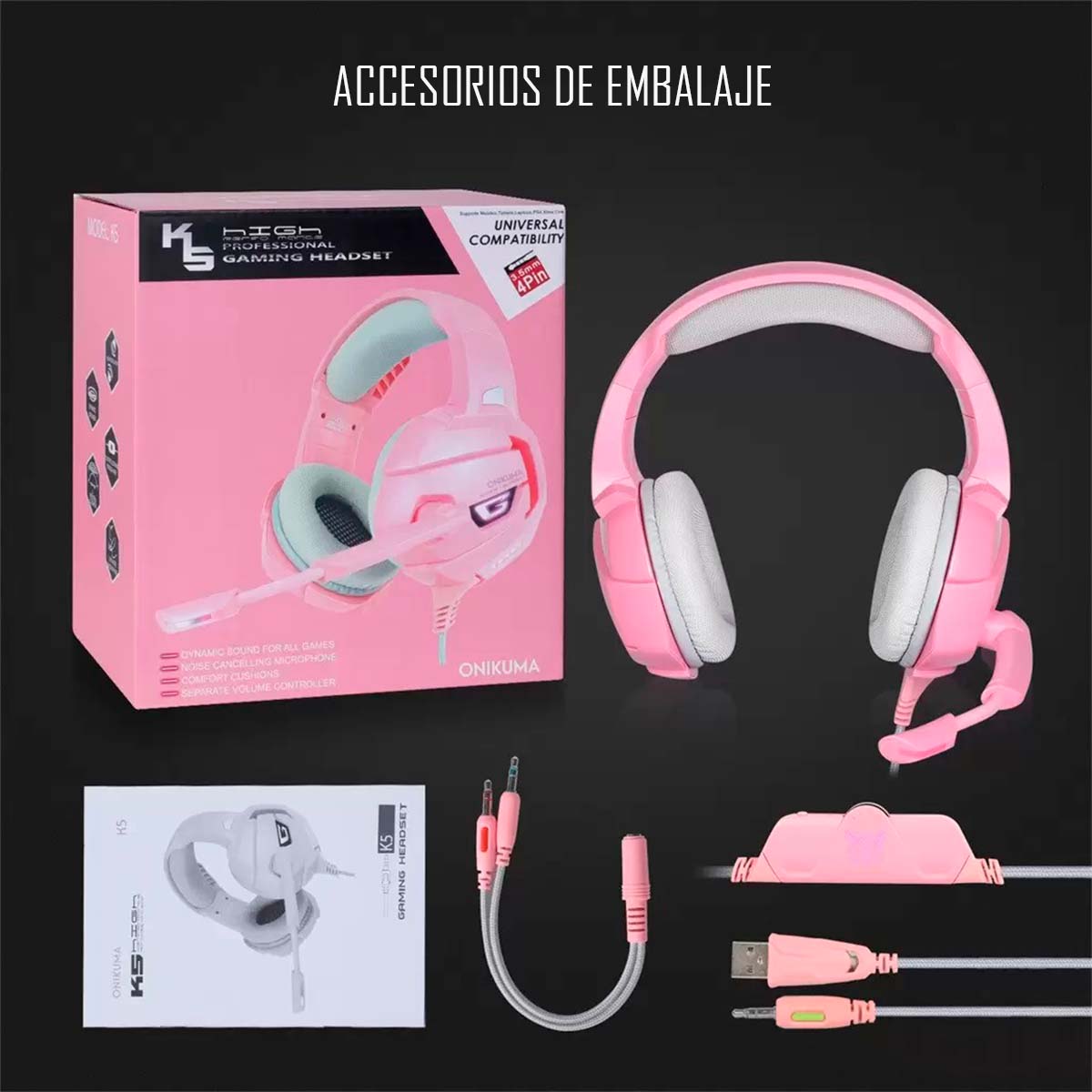 AUDÍFONOS GAMER ONIKUMA HEADSET K5 PC PS4 ROSA - 8