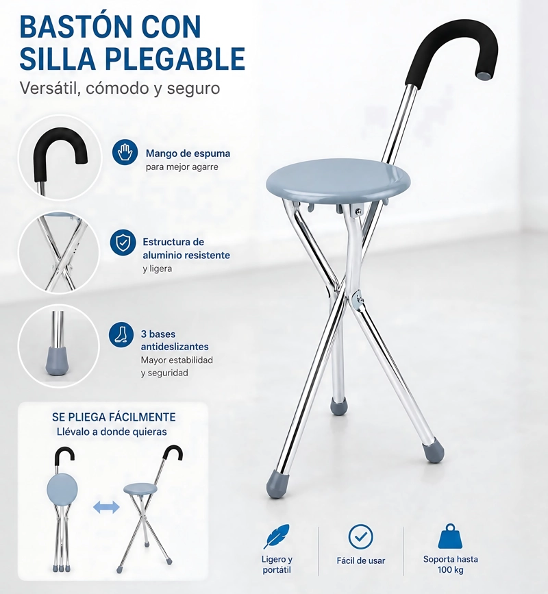 BASTÓN CON ASIENTO PLEGABLE ALUMINIO ALTA CALIDAD PREMIUM - 3