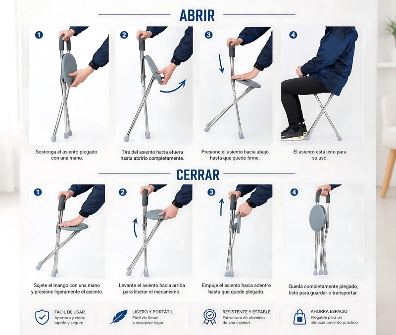 BASTÓN CON ASIENTO PLEGABLE ALUMINIO ALTA CALIDAD PREMIUM - 4