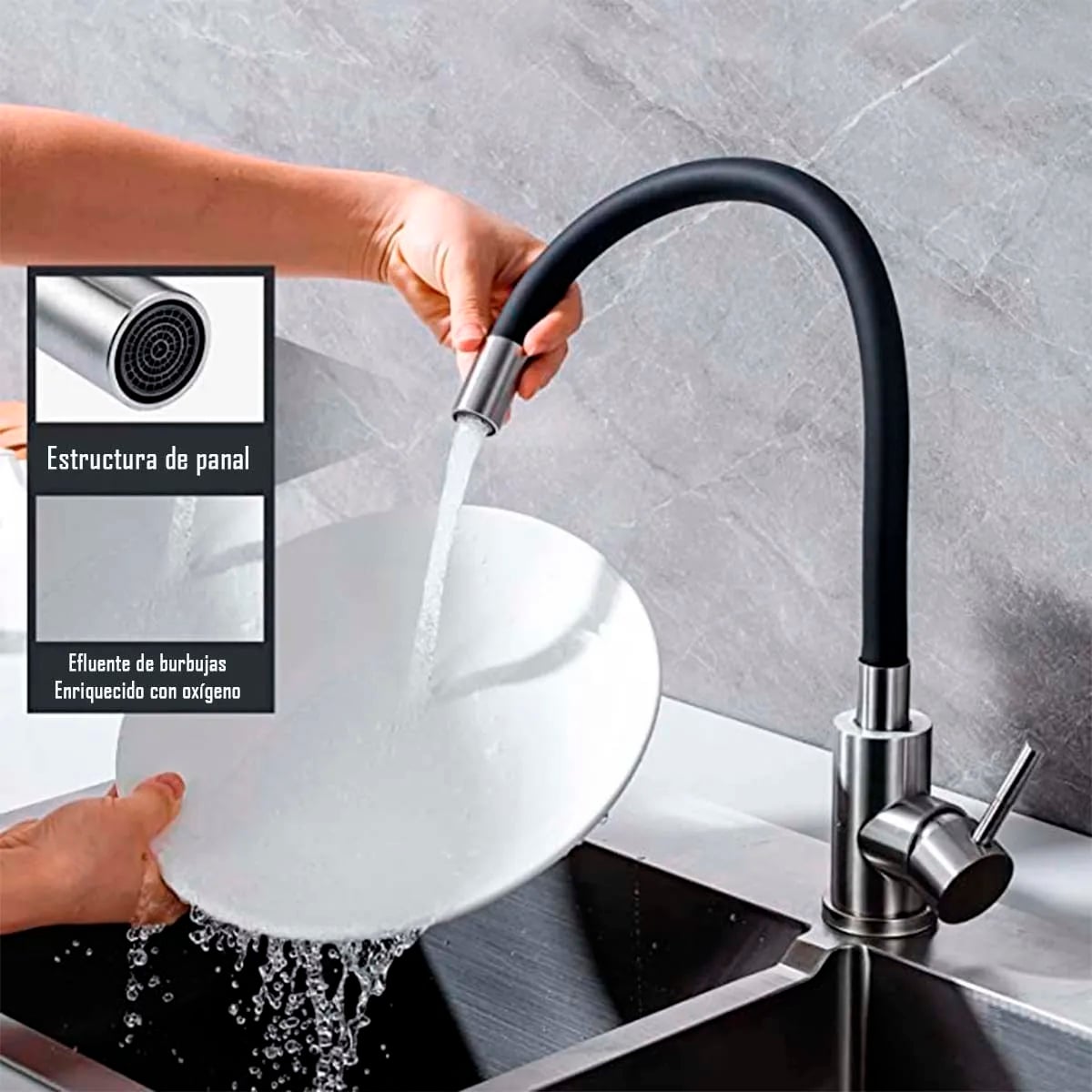 LLAVE GRIFERÍA LAVAPLATOS CUELLO CISNE FLEXIBLE TAP15 NEGRO - 4