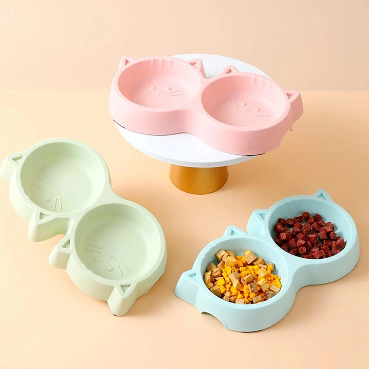 PLATO DE COMIDA DOBLE PARA MASCOTAS CON FORMA DE GATO ROSADO - 4