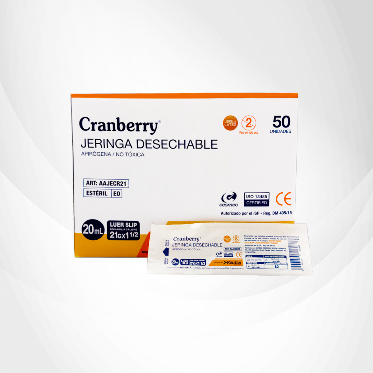 PACK 50 JERINGA CRANBERRY AGUJA LUER SLIP 20 ML 21 GR X 1 1/2 - 3