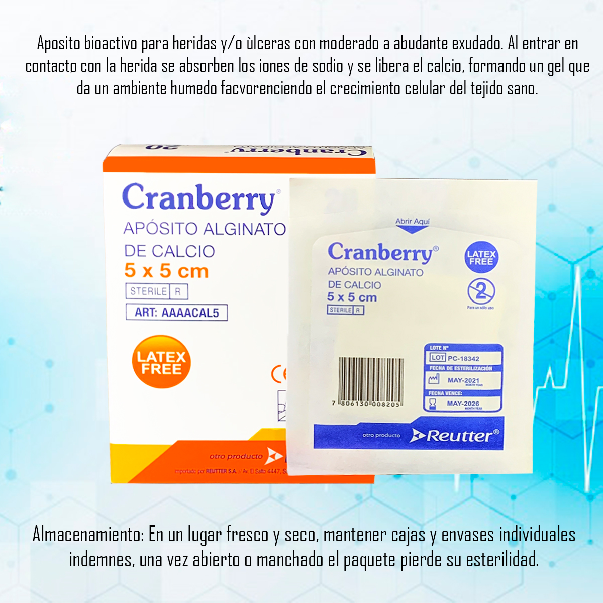 APÓSITO ALGINATO DE CALCIO 5X5 CRANBERRY - PACK DE 5 UNID - 4