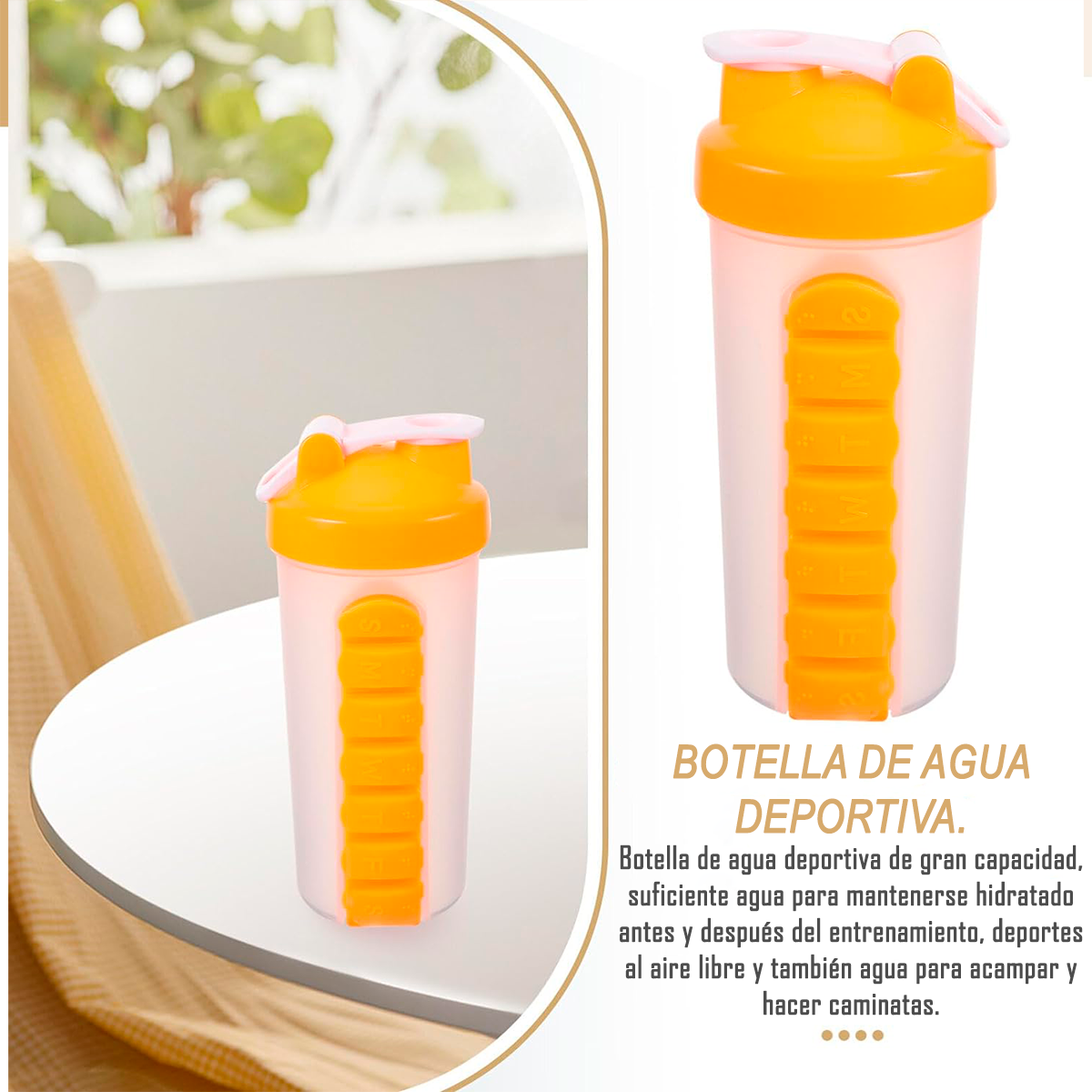 BOTELLA DE AGUA 600ML + PASTILLERO ORGANIZADOR DE PASTILLA AMARILLO - 3