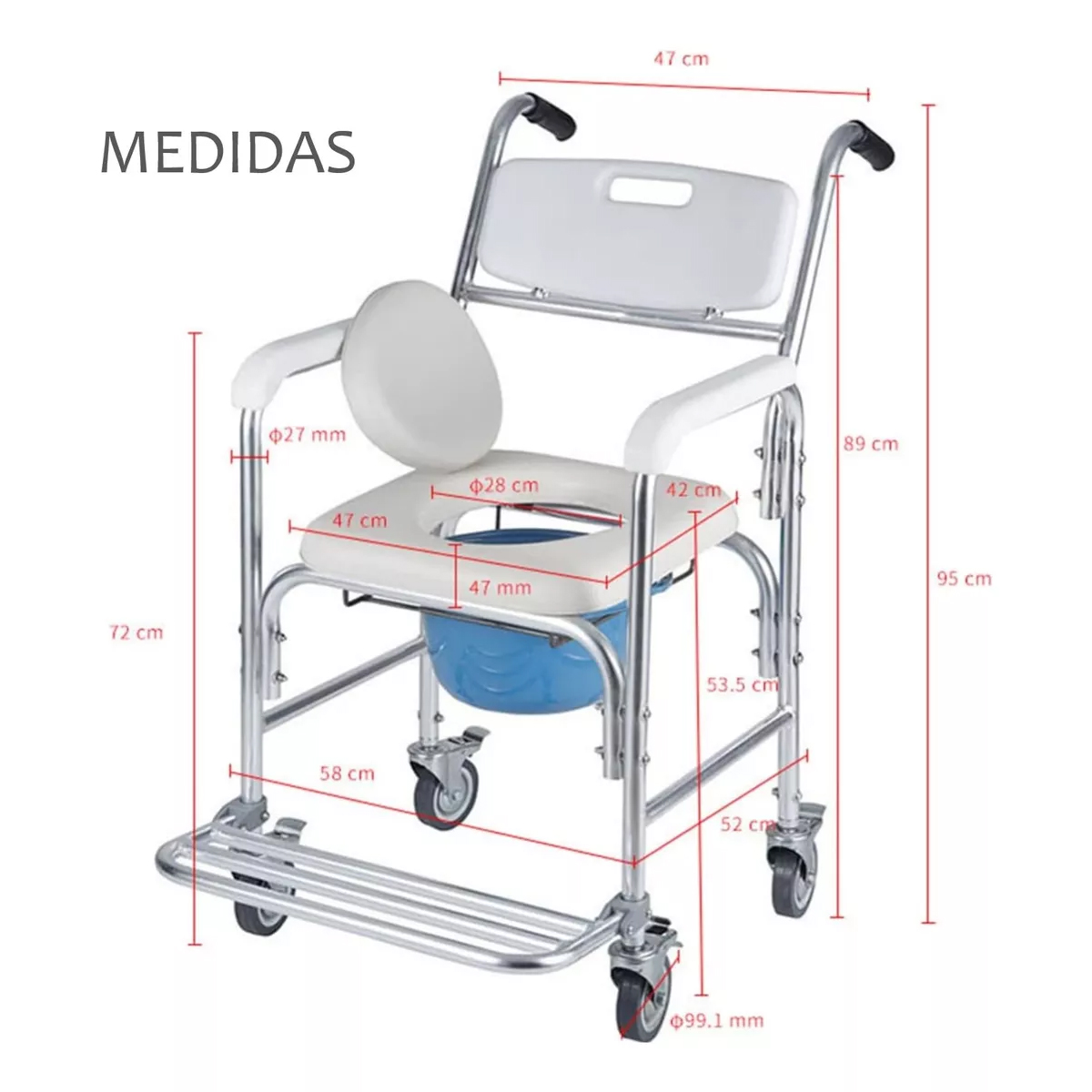 BAÑO WC INODORO ALUMINIO CON RUEDAS REPOSAPIES ABATIBLES 7002B - 2