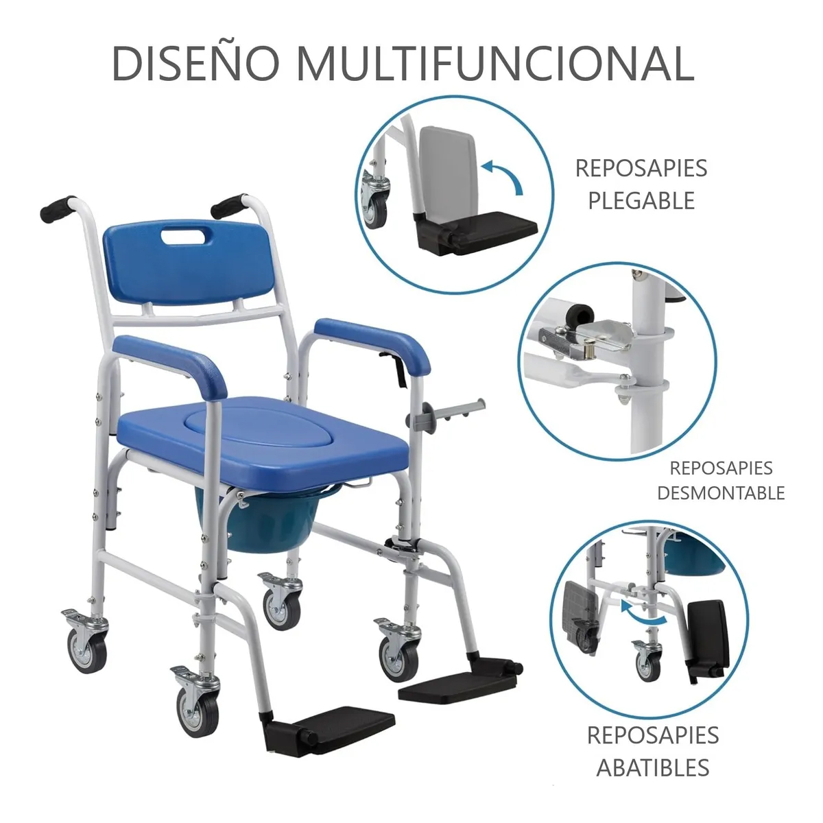 BAÑO INODORO ALUMINIO CON RUEDAS ASIENTO ACOLCHADO REPOSAPIE 7002C - 2