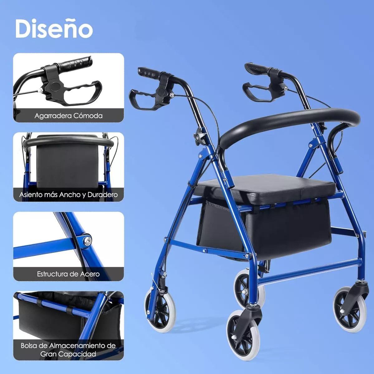 ANDADOR BURRITO PLEGABLE 4 RUEDAS CON ASIENTO FRENO Y BOLSO 3003C - 5