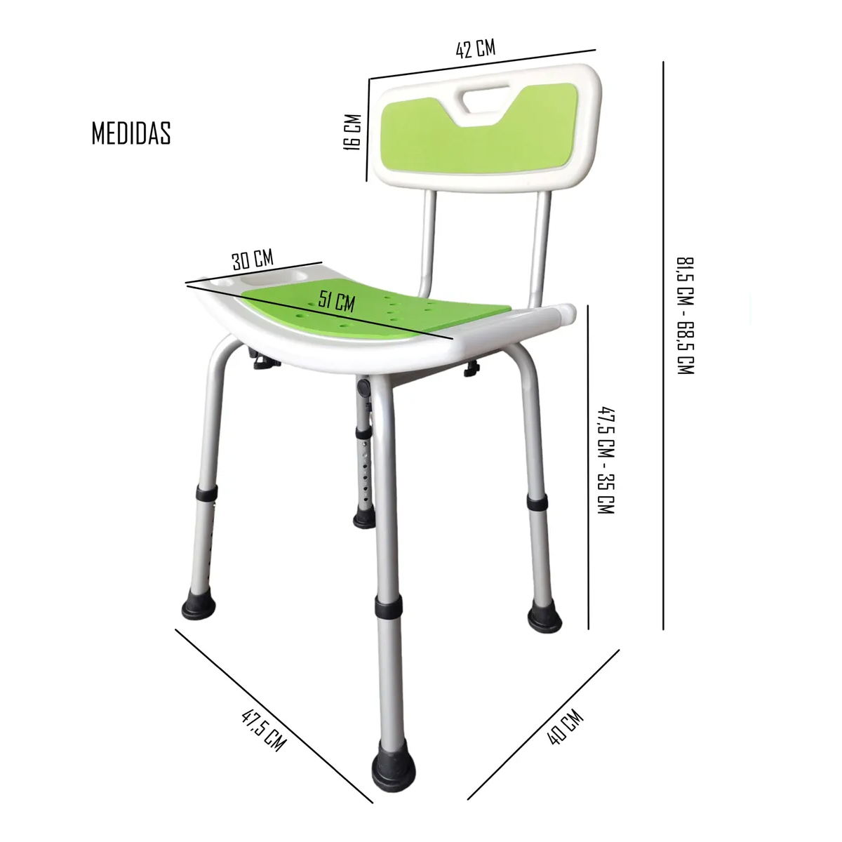 SILLA DE DUCHA PARA BAÑO PORTATIL ALUMINIO ALTURA AJUSTABLE - 6