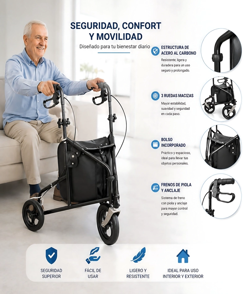 ANDADOR BURRITO 3 RUEDAS PLEGABLE CON BOLSO FRENO DE ANCLAJE - 5