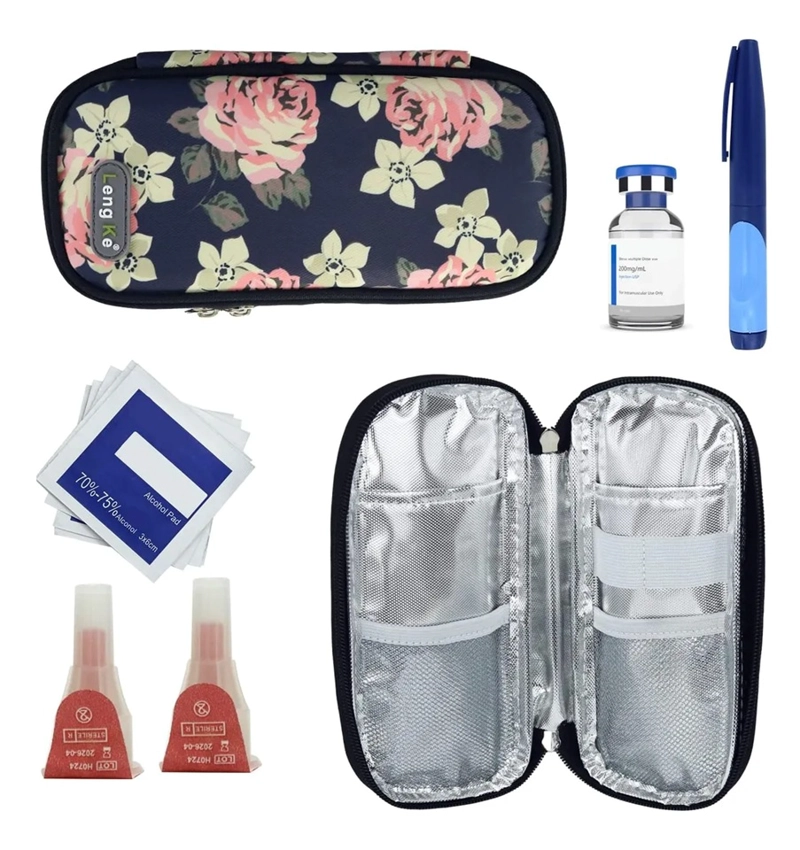 BOLSO ESTUCHE PORTA INSULINA REFRIGERANTE COOLER MEDICAMENTO FLORES ROJAS - 3