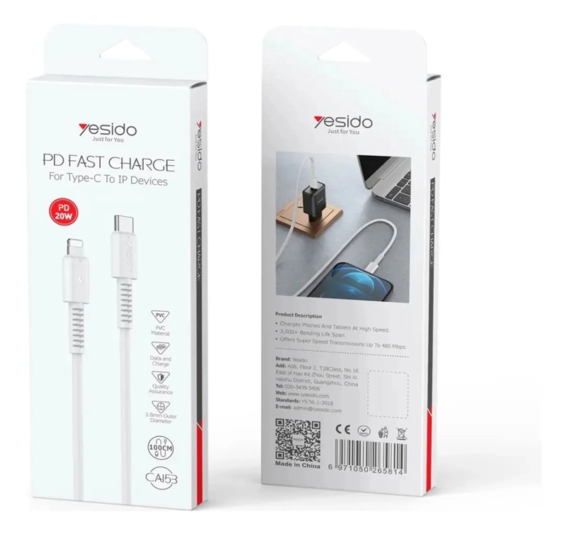 CABLE PD FAST CHARGE TIPO C A IP DEVICES YESIDO CA153 COLOR BLANCO - 4