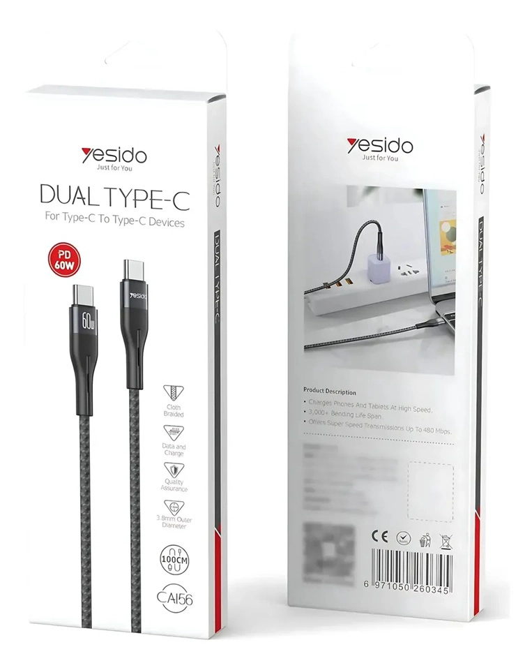CABLE USB TIPO C A USB C LARGO 1 METRO 60W PARA IPHONE SAMSUNG YESIDO CA156 NEGRO - 8