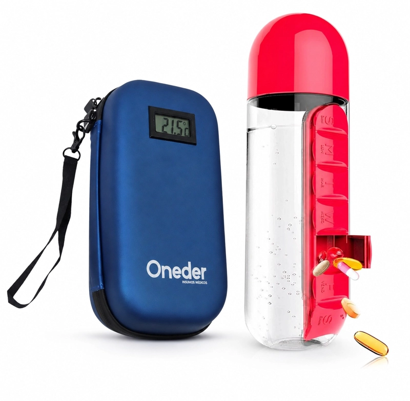 PACK ESTUCHE AZUL DE VIAJE SEMANAL COOLER INSULINA Y BOTELLA PASTILLERO ONEDER - 1