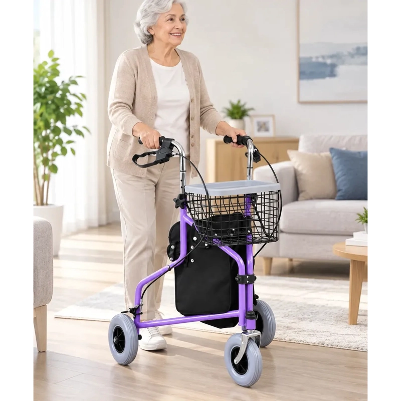 ANDADOR BURRITO ORTOPEDICO 3 RUEDAS PLEGABLE CON CANASTO BOLSO Y FRENOS LILA 5003A - 3