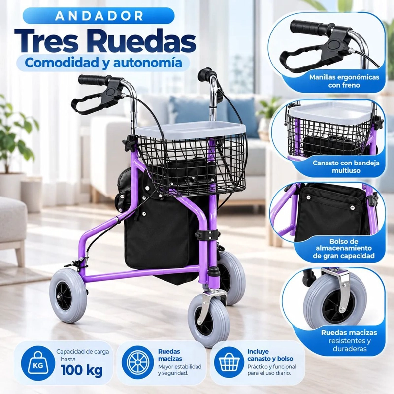 ANDADOR BURRITO ORTOPEDICO 3 RUEDAS PLEGABLE CON CANASTO BOLSO Y FRENOS LILA 5003A - 5