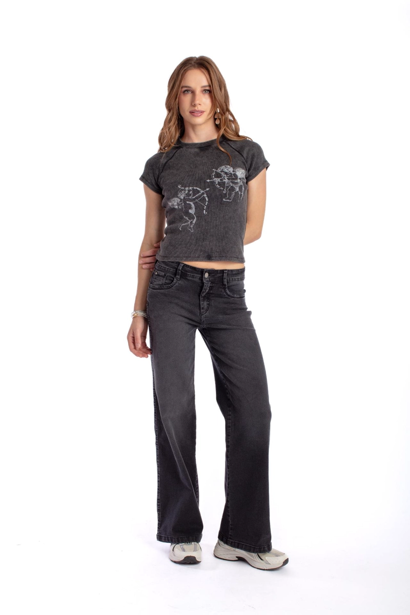 JEANS ANGEL WIDE BORDADO ALAS BOL TRASERO NEGRO EFESIS - 1