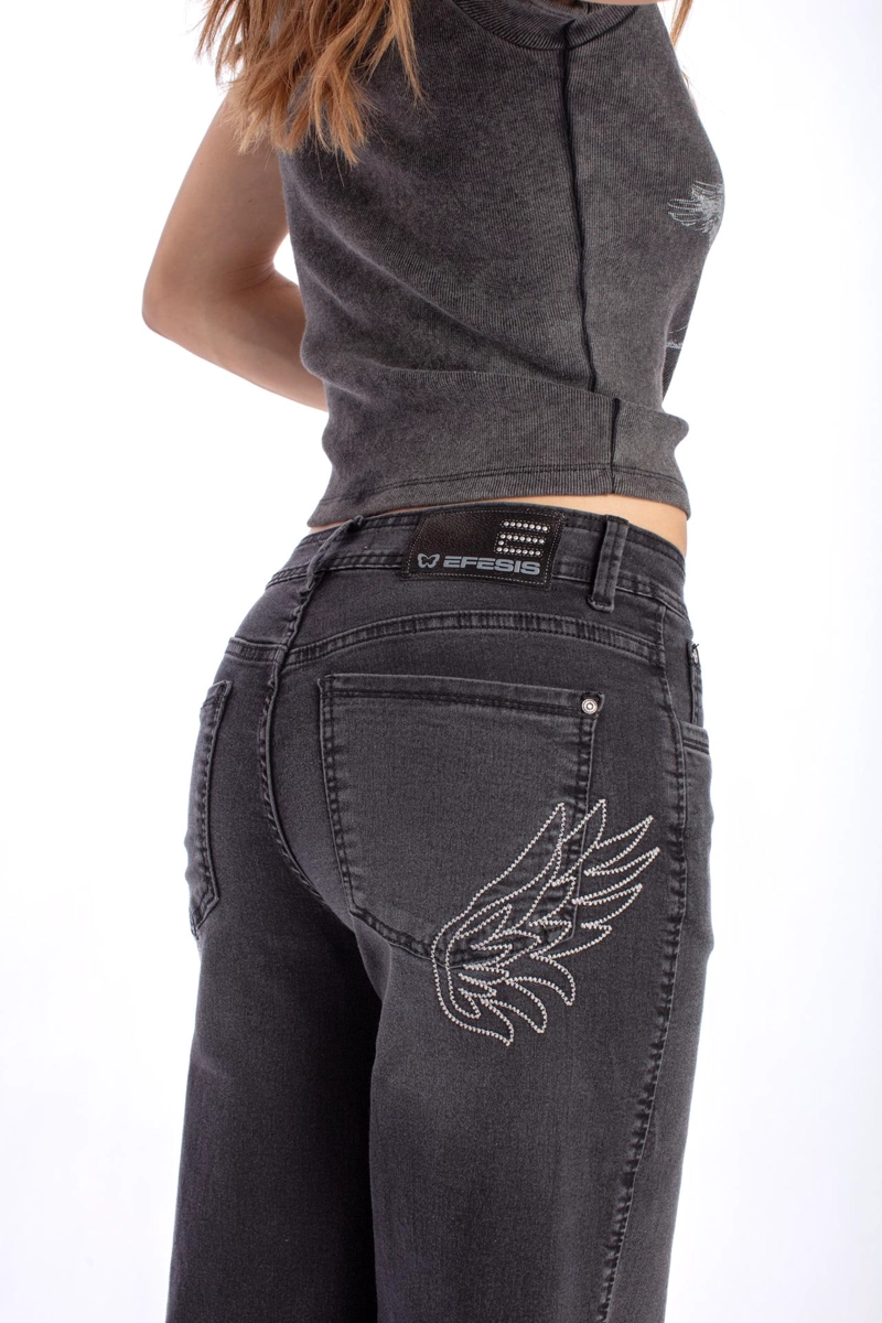 JEANS ANGEL WIDE BORDADO ALAS BOL TRASERO NEGRO EFESIS - 5